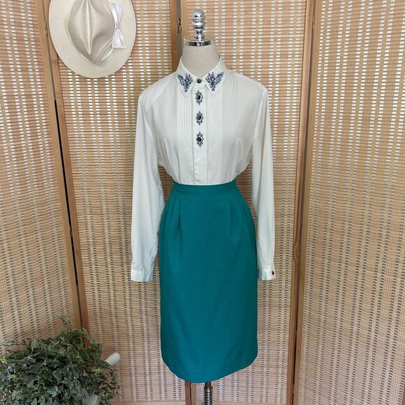 Vintage Worthington Teal Midi Skirt Size 8 Polyester/Rayon Blend With Pleats - Picture 1 of 8